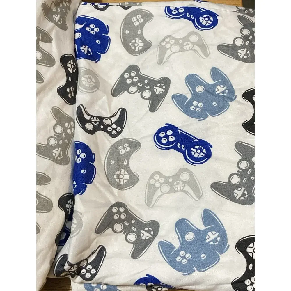 Gamer Game Controllers Full flat sheet Pillow Case cotton blend Black White Blue